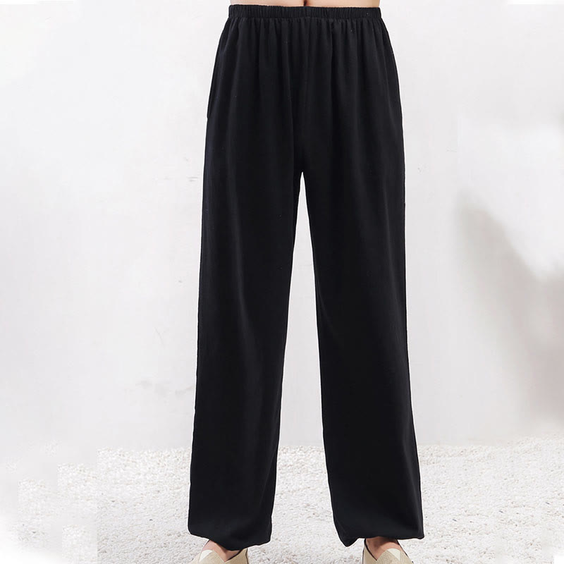 Summer Solid Color Unisex Elastic Waist Tai Chi Qigong Practice Pants With Pockets
