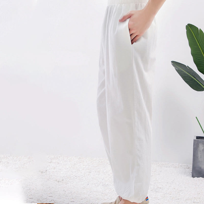 Summer Solid Color Unisex Elastic Waist Tai Chi Qigong Practice Pants With Pockets