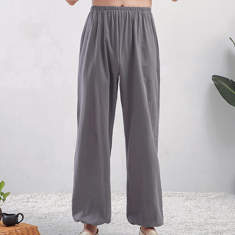 Summer Solid Color Unisex Elastic Waist Tai Chi Qigong Practice Pants With Pockets