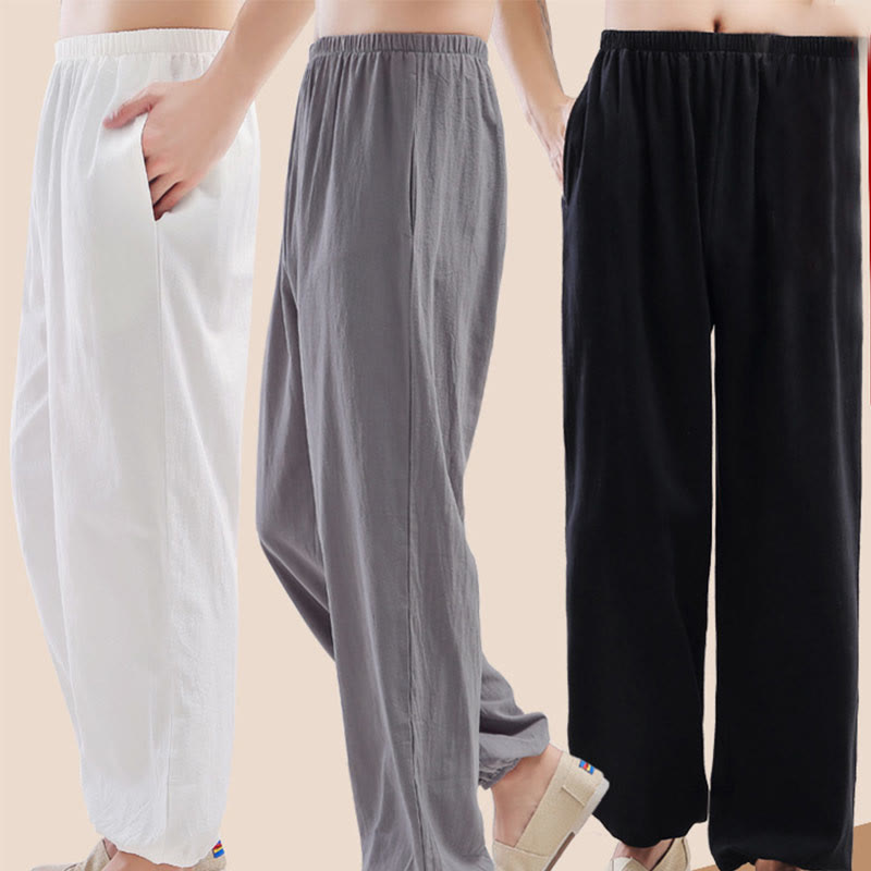 Summer Solid Color Unisex Elastic Waist Tai Chi Qigong Practice Pants With Pockets