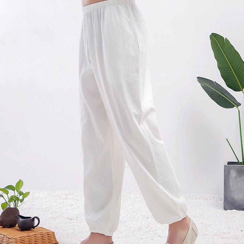 Summer Solid Color Unisex Elastic Waist Tai Chi Qigong Practice Pants With Pockets