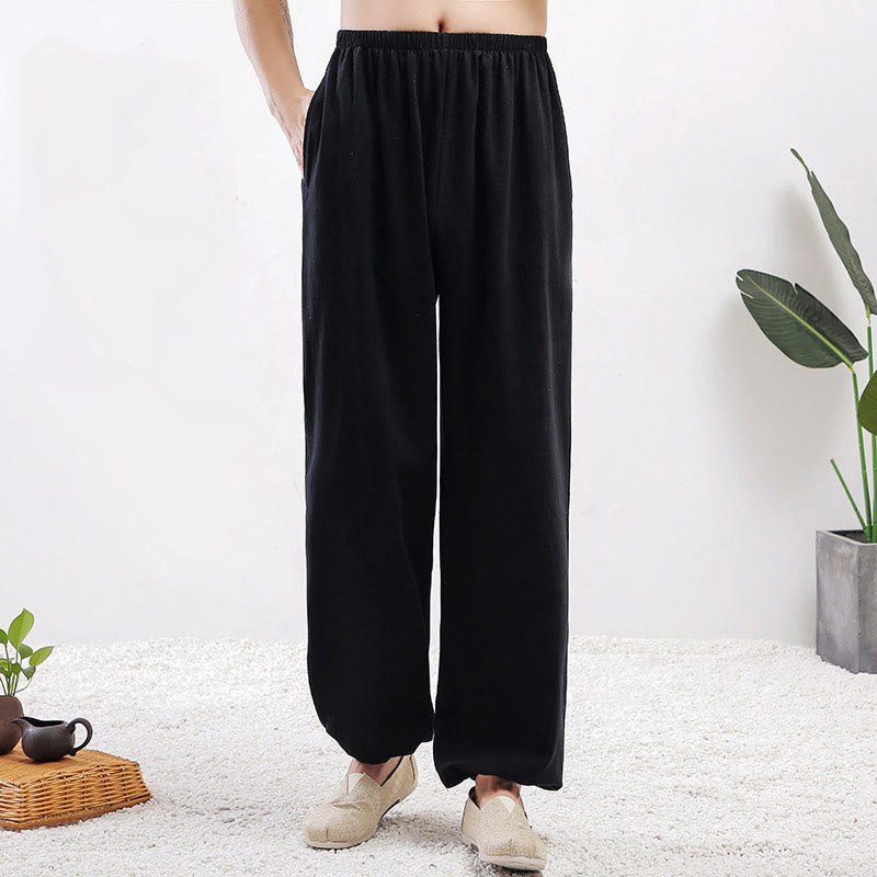 Summer Solid Color Unisex Elastic Waist Tai Chi Qigong Practice Pants With Pockets