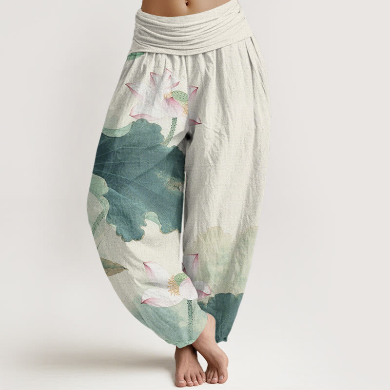 Cotton Casual Lotus Petal Pods Pattern Women's Elastic Waist Harem Pants