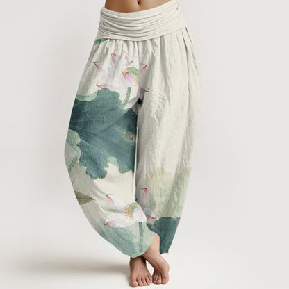 Cotton Casual Lotus Petal Pods Pattern Women's Elastic Waist Harem Pants