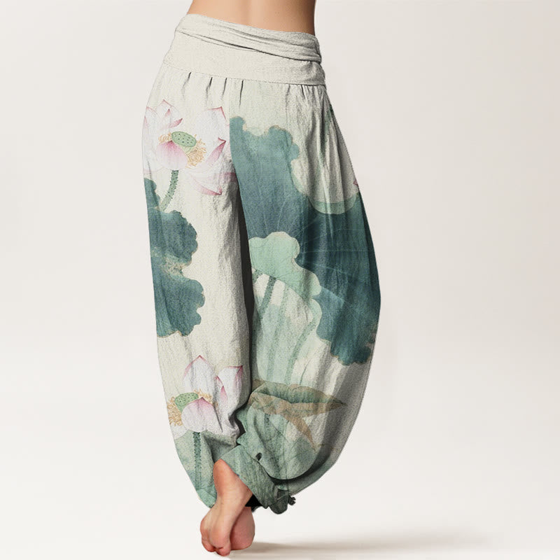 Cotton Casual Lotus Petal Pods Pattern Women's Elastic Waist Harem Pants