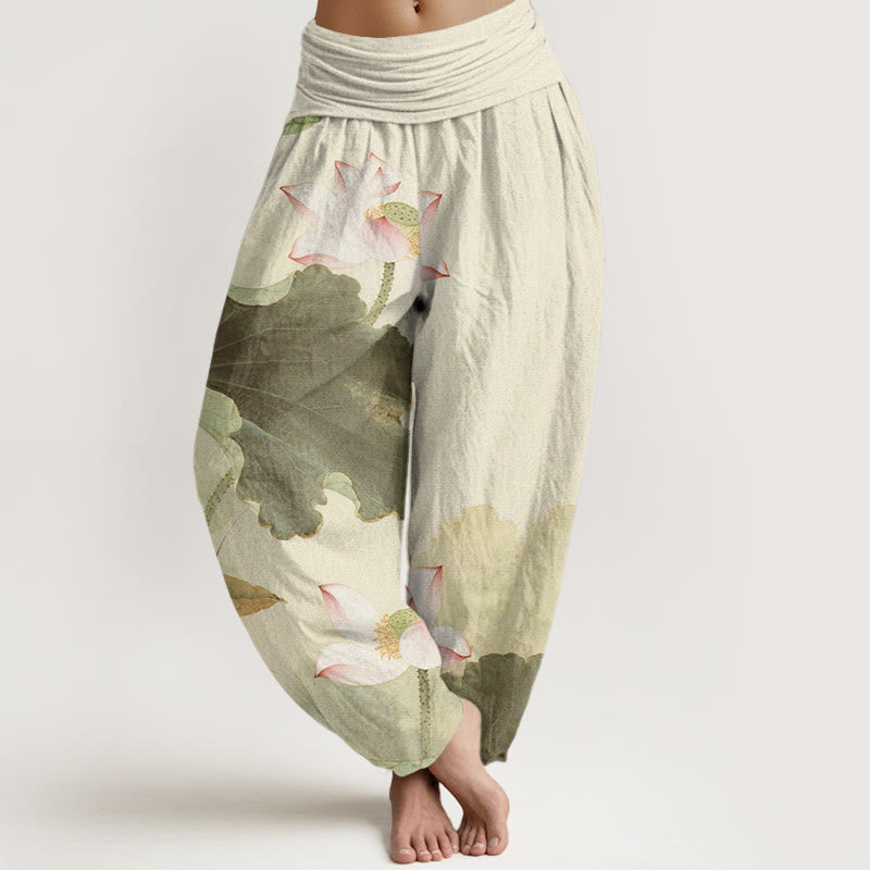 Cotton Casual Lotus Petal Pods Pattern Women's Elastic Waist Harem Pants