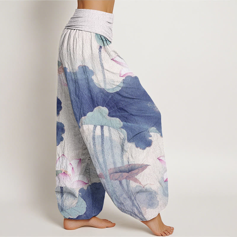 Cotton Casual Lotus Petal Pods Pattern Women's Elastic Waist Harem Pants