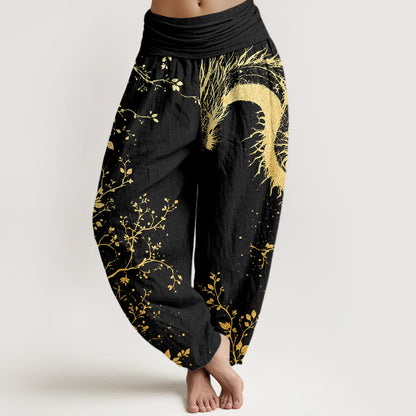 Cotton Casual Dragon Flower Leaf Pattern Women's Elastic Waist Harem Pants