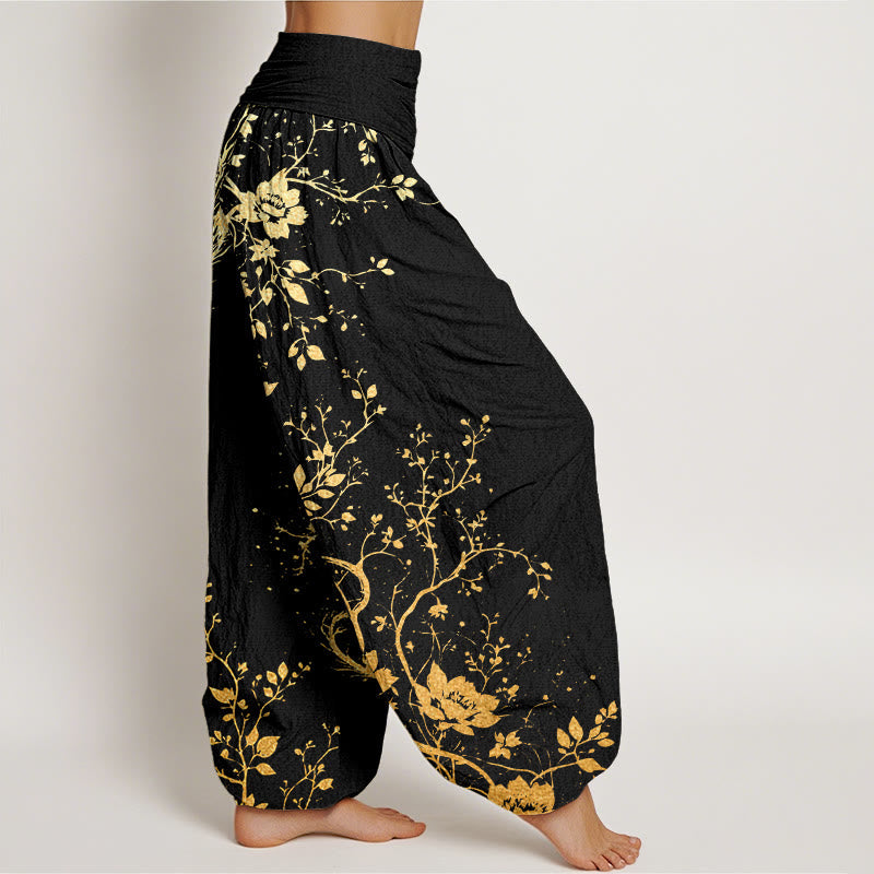 Cotton Casual Dragon Flower Leaf Pattern Women's Elastic Waist Harem Pants