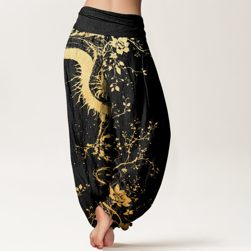 Cotton Casual Dragon Flower Leaf Pattern Women's Elastic Waist Harem Pants
