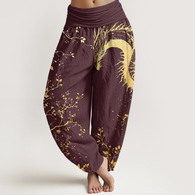 Cotton Casual Dragon Flower Leaf Pattern Women's Elastic Waist Harem Pants
