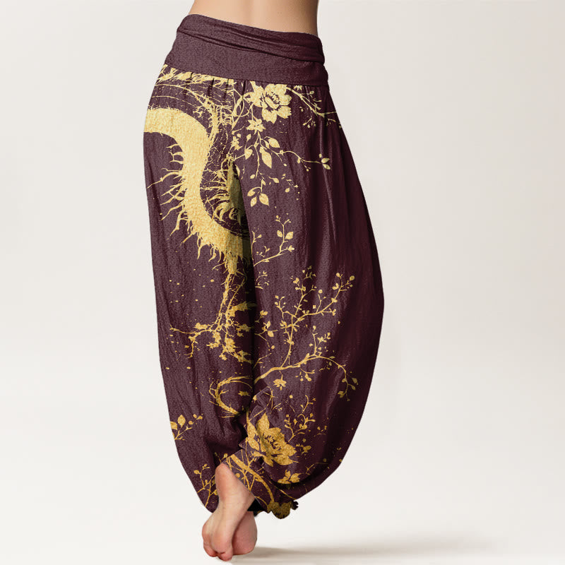 Cotton Casual Dragon Flower Leaf Pattern Women's Elastic Waist Harem Pants