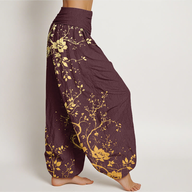 Cotton Casual Dragon Flower Leaf Pattern Women's Elastic Waist Harem Pants