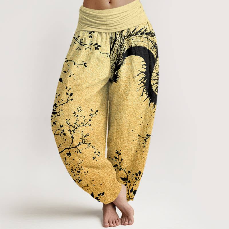 Cotton Casual Dragon Flower Leaf Pattern Women's Elastic Waist Harem Pants