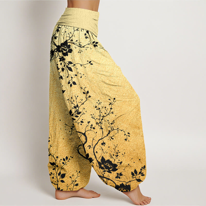 Cotton Casual Dragon Flower Leaf Pattern Women's Elastic Waist Harem Pants
