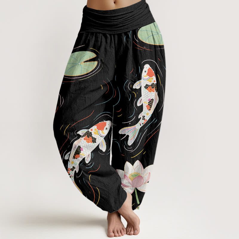 Cotton Lotus Flower Lotus Leaves Koi Fish Water Ripples Pattern Women's Elastic Waist Harem Pants