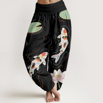 Cotton Lotus Flower Lotus Leaves Koi Fish Water Ripples Pattern Women's Elastic Waist Harem Pants