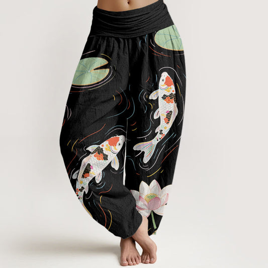 Cotton Lotus Flower Lotus Leaves Koi Fish Water Ripples Pattern Women's Elastic Waist Harem Pants
