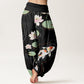 Cotton Lotus Flower Lotus Leaves Koi Fish Water Ripples Pattern Women's Elastic Waist Harem Pants