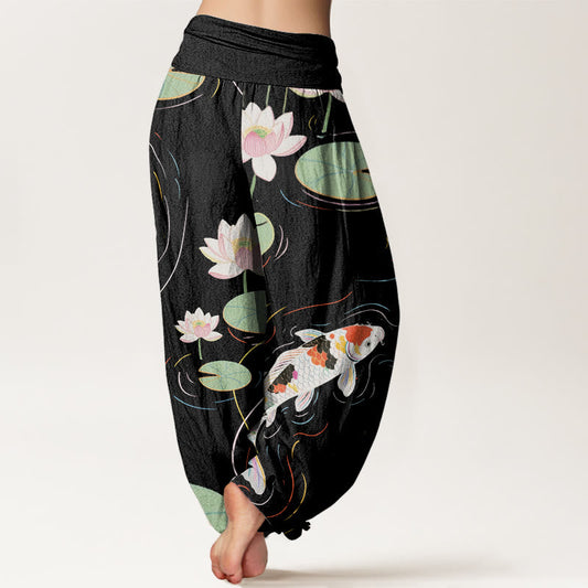 Cotton Lotus Flower Lotus Leaves Koi Fish Water Ripples Pattern Women's Elastic Waist Harem Pants