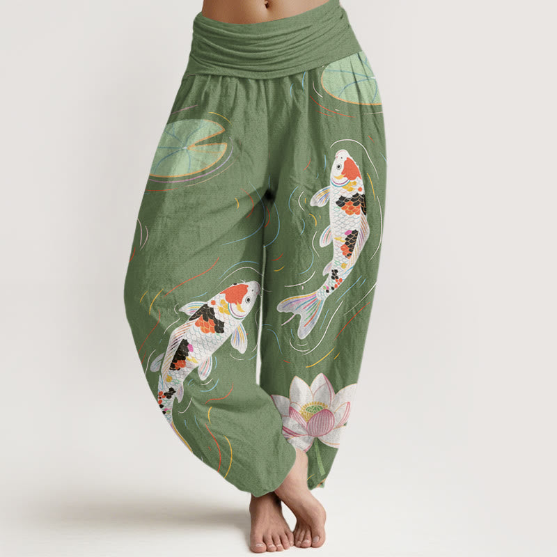 Cotton Lotus Flower Lotus Leaves Koi Fish Water Ripples Pattern Women's Elastic Waist Harem Pants