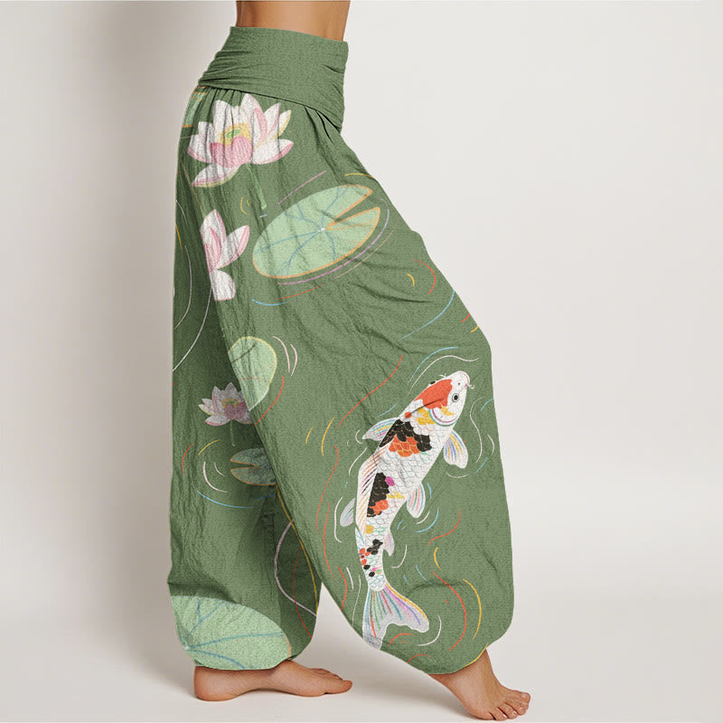Cotton Lotus Flower Lotus Leaves Koi Fish Water Ripples Pattern Women's Elastic Waist Harem Pants