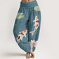 Cotton Lotus Flower Lotus Leaves Koi Fish Water Ripples Pattern Women's Elastic Waist Harem Pants