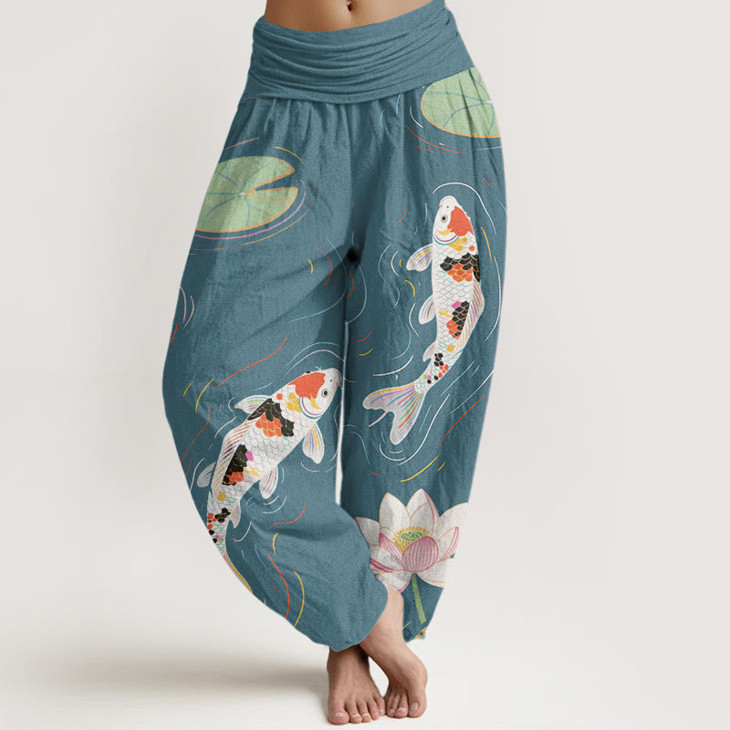 Cotton Lotus Flower Lotus Leaves Koi Fish Water Ripples Pattern Women's Elastic Waist Harem Pants