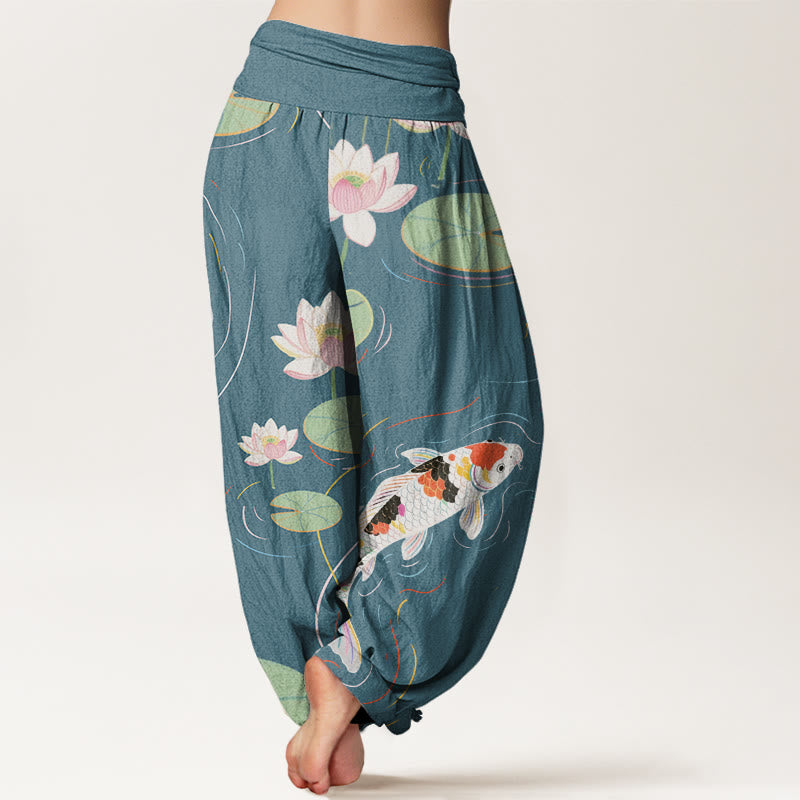 Cotton Lotus Flower Lotus Leaves Koi Fish Water Ripples Pattern Women's Elastic Waist Harem Pants