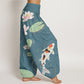 Cotton Lotus Flower Lotus Leaves Koi Fish Water Ripples Pattern Women's Elastic Waist Harem Pants