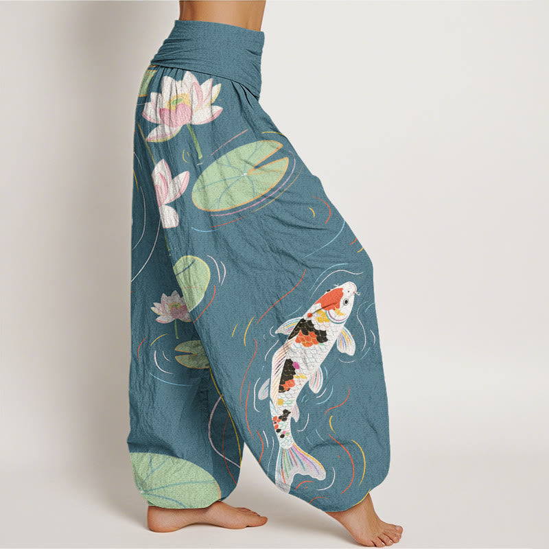 Cotton Lotus Flower Lotus Leaves Koi Fish Water Ripples Pattern Women's Elastic Waist Harem Pants