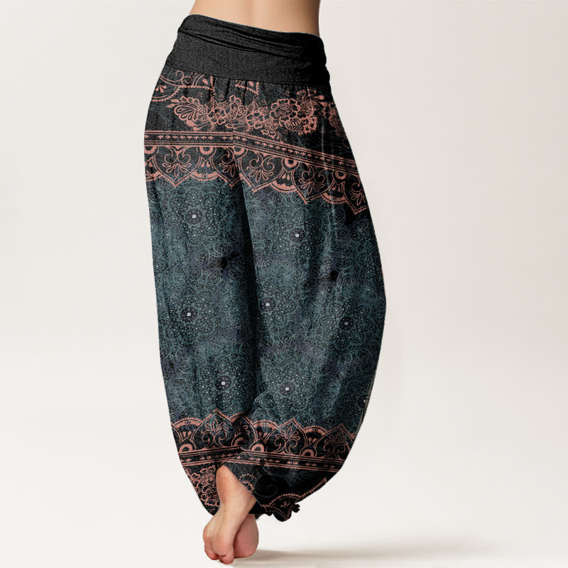 Pure Cotton Elegant Mandala Flowers Design Women's Elastic Waist Harem Pants