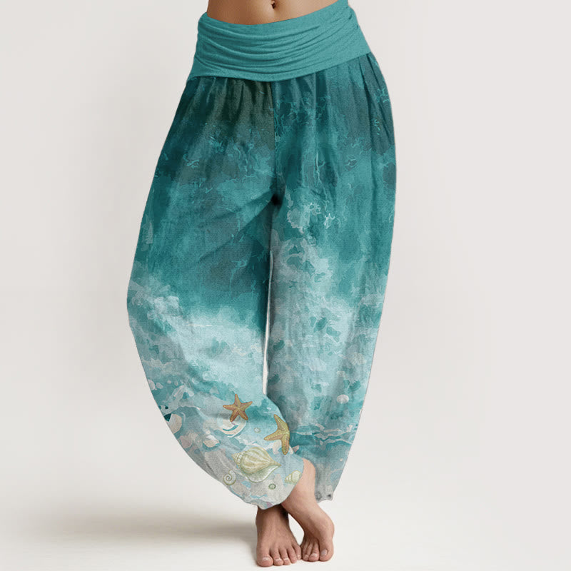 Pure Cotton Vast Ocean Pattern Women's Elastic Waist Harem Pants