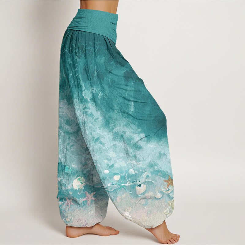 Pure Cotton Vast Ocean Pattern Women's Elastic Waist Harem Pants