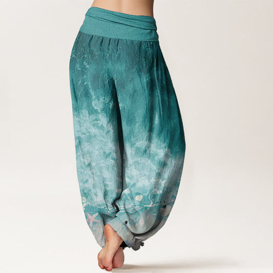 Pure Cotton Vast Ocean Pattern Women's Elastic Waist Harem Pants
