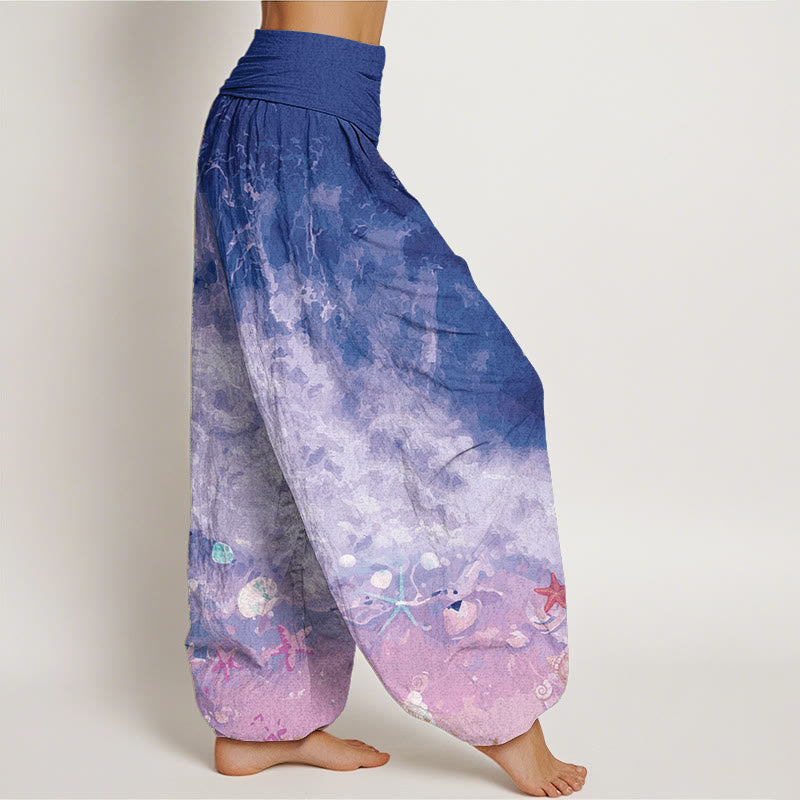 Pure Cotton Vast Ocean Pattern Women's Elastic Waist Harem Pants
