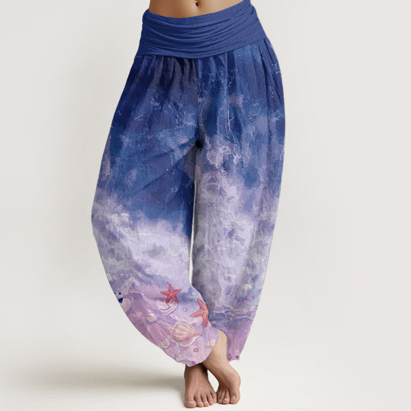 Pure Cotton Vast Ocean Pattern Women's Elastic Waist Harem Pants