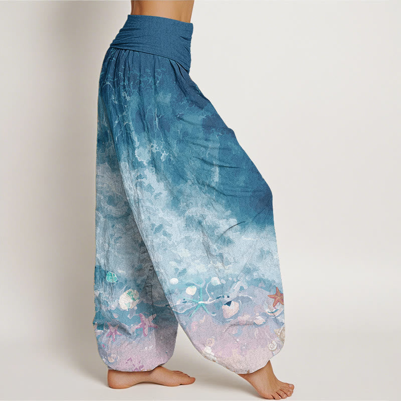 Pure Cotton Vast Ocean Pattern Women's Elastic Waist Harem Pants