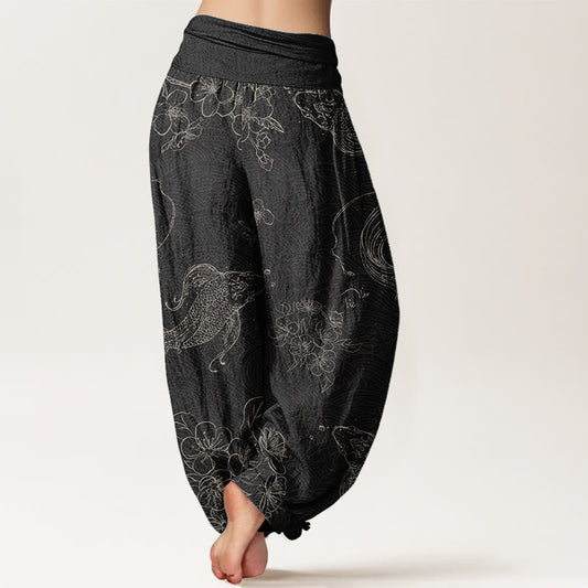 Pure Cotton Koi Fish Floral Pattern Women's Elastic Waist Harem Pants