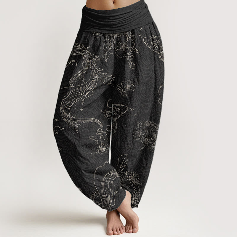 Pure Cotton Koi Fish Floral Pattern Women's Elastic Waist Harem Pants