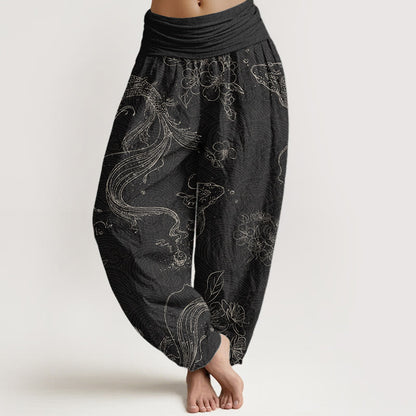 Pure Cotton Koi Fish Floral Pattern Women's Elastic Waist Harem Pants