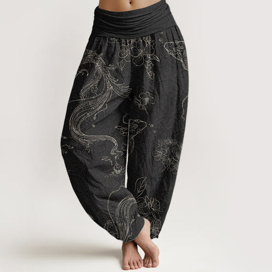 Pure Cotton Koi Fish Floral Pattern Women's Elastic Waist Harem Pants