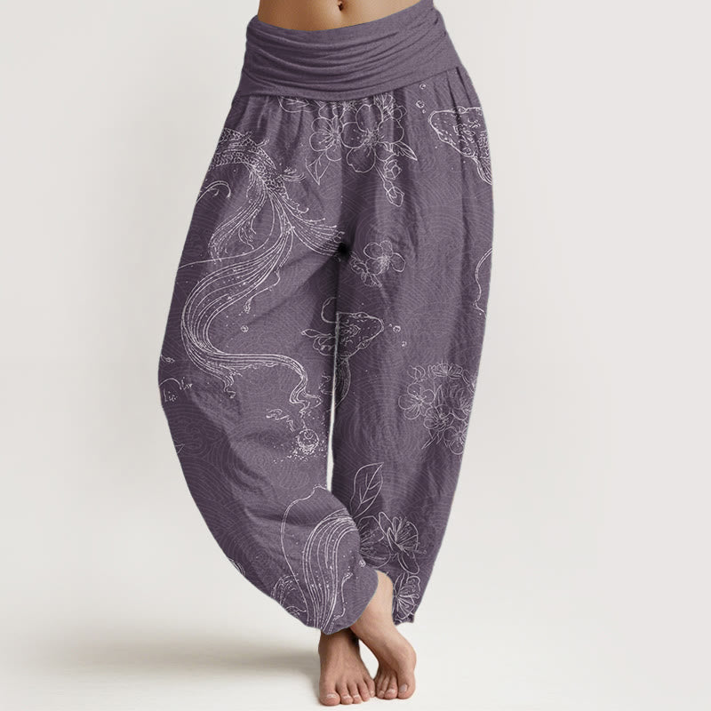 Pure Cotton Koi Fish Floral Pattern Women's Elastic Waist Harem Pants