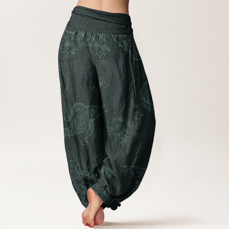 Pure Cotton Koi Fish Floral Pattern Women's Elastic Waist Harem Pants