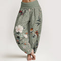 Pure Cotton Warbler Bird Blooming Flower Branches Mandala Pattern Women's Elastic Waist Harem Pants