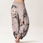 Pure Cotton Warbler Bird Blooming Flower Branches Mandala Pattern Women's Elastic Waist Harem Pants