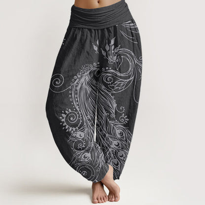Pure Cotton Casual Peacock Design Women's Elastic Waist Harem Pants