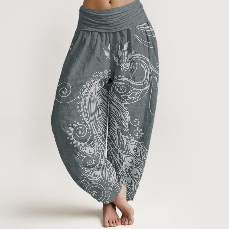 Pure Cotton Casual Peacock Design Women's Elastic Waist Harem Pants