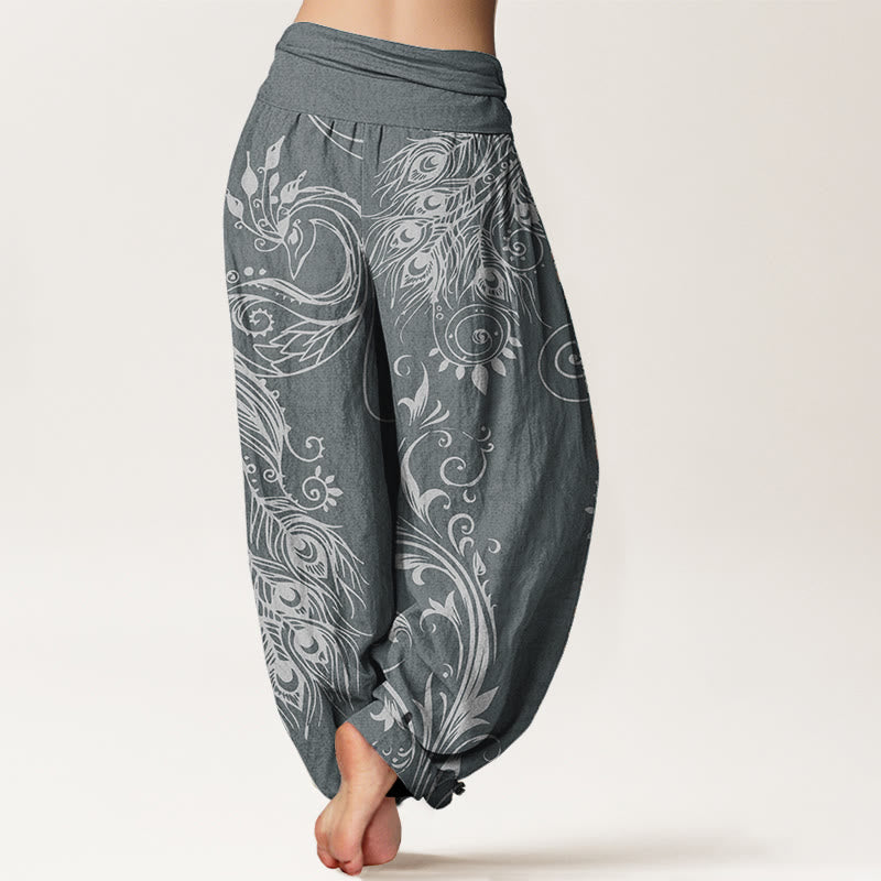 Pure Cotton Casual Peacock Design Women's Elastic Waist Harem Pants