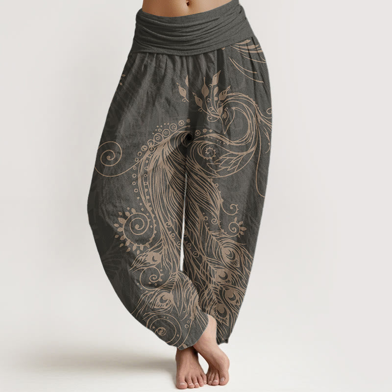 Pure Cotton Casual Peacock Design Women's Elastic Waist Harem Pants